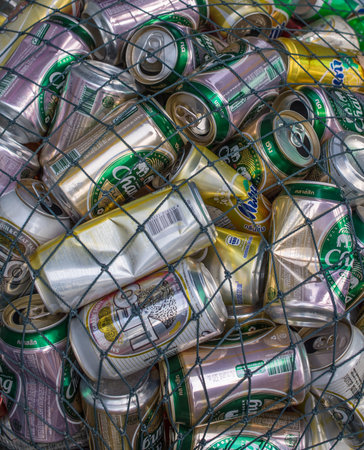 Koh Kud, Thailand - February 02, 2016: Used beverage cans gathered in a pileのeditorial素材