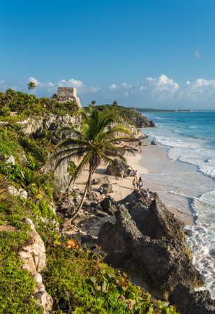 White sand beach and ruins of Tulum, Yuacatan, Mexicoのeditorial素材