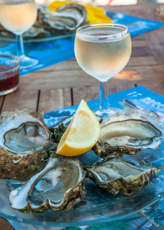 fresh oysters and a glass of wineの写真素材