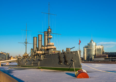 Linear cruiser Aurora, the symbol of the October revolution, Saint Petersburg, Russiaのeditorial素材