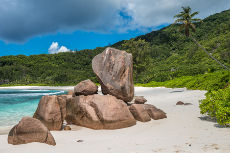 Tropical beach on La Digue island, Seychellesの写真素材