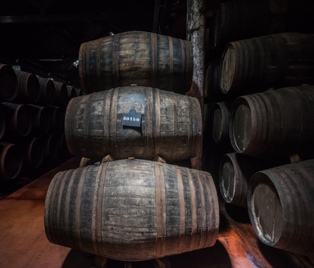 Port wine barrels in cellar, Vila Nova de Gaia, Porto, Portugalの写真素材