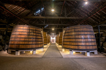 PORTO, PORTUGAL - June 19, 2018: Port wine barrels in Graham's port lodge, Vila Nova de Gaia, Porto,...
