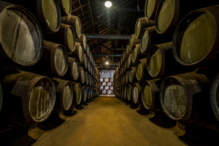 PORTO, PORTUGAL - June 19, 2018: Port wine barrels in Graham's port lodge, Vila Nova de Gaia, Porto, Portugalのeditorial素材