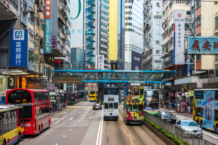 HONG KONG - April, 29, 2018: Double-decker tram in Causeway Bay district of Hong Kong.のeditorial素材
