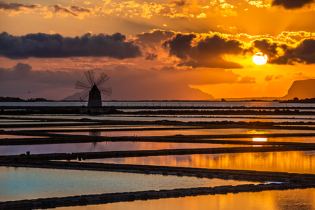 Marsala salt pans at sunset, Sicily, Italyの写真素材