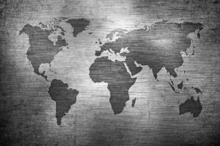 grunge map of the world over brushed metal texture