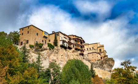 Panoramic view of Cuenca and famous hanging houses, Spain.のeditorial素材