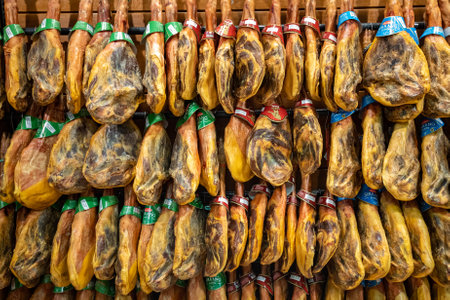 Barcelona, Spain - October 19, 2019: Jamon, spanish cured ham at grocery marketのeditorial素材