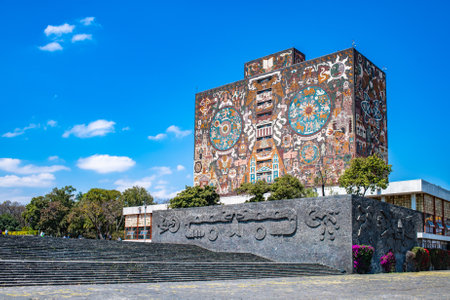 Mexico City, Mexico - February 21, 2020: Iconic building of Central LibraryÂ in theÂ National Autonomous University of Mexico, UNAM. UNESCO World Heritage Site.のeditorial素材
