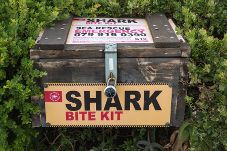 Jeffreys Bay, South Africa - January 28, 2019:  A shark bite kit, used to treat surfers after a shark attack in Jeffreys Bay, one of the most famousÂ surfingÂ destinations.のeditorial素材