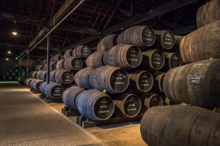 PORTO, PORTUGAL - June 19, 2018: Port wine barrels in Graham's port lodge, Vila Nova de Gaia, Porto,...