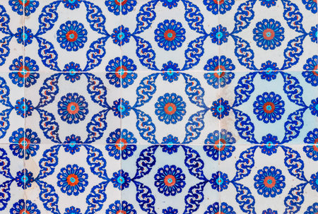 Vintage ceramic tiles, Iznik tiling decor from Rustem Pasa Mosque in Istanbul, Turkey.