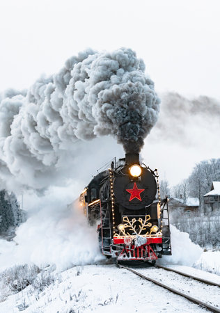 Retro steam locomotive in snowy winter landscape