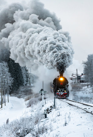 Retro steam locomotive in snowy winter landscapeの写真素材