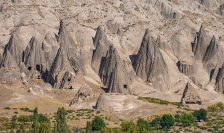 Conical fairy chimneys, unique rock formations near Yaprakhisar in Ihlara valley, Cappadocia, Turkey.の写真素材