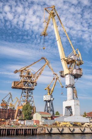 Large cranes working in the shipyard. Industrial landscape.の写真素材