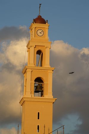 Church and clock tower in Old Jaffa city, Israelの写真素材