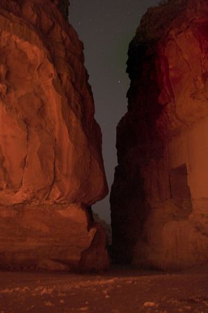 Lights and music and Nabatean ruins and cliffs in Petra site Jordanの写真素材