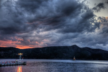 Evening in Hakone, ashi lake, Japan temple romantic sceneの写真素材