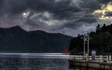 Evening in Hakone, ashi lake, Japan temple romantic sceneのeditorial素材