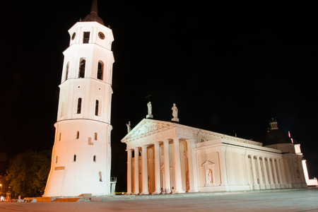 Night view of cathedral church in Vilniusの写真素材