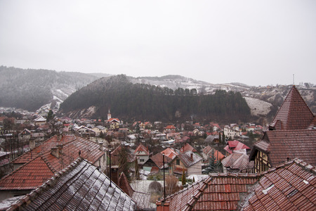 City winter landscape of Brasov, Romaniaの写真素材