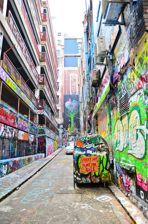 View of colorful graffiti artwork at Hosier Lane in Melbourneのeditorial素材