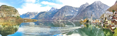 Panorama of Hallstatt village in Alps, Austriaの写真素材