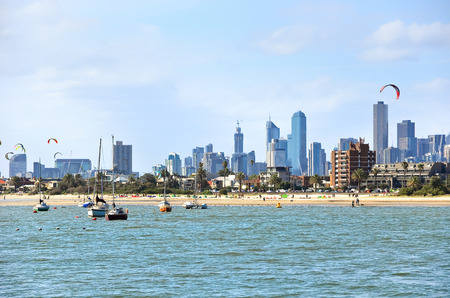 Kite surfing on St Kilda Beach in Melbourne, Australiaの写真素材