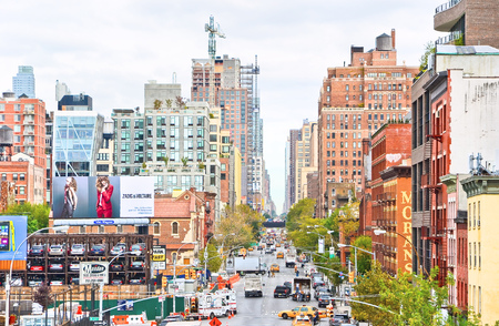 New York, USA - October 9, 2013: View of the buildings and busy traffic on the street in Manhattan on October 9, 2013.のeditorial素材