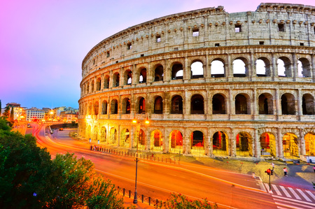View of Colosseum at night in Rome, Italyの写真素材
