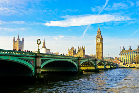 View of the Houses of Parliament and Westminster Bridge in London.