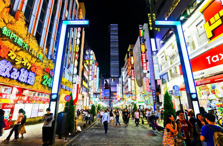 Tokyo, Japan - July 17, 2016: Night view of the street at Kabukicho in Shinjuku, Tokyo on July 17, 2016. Kabukicho is an entertainment and red-light district in Tokyo.のeditorial素材