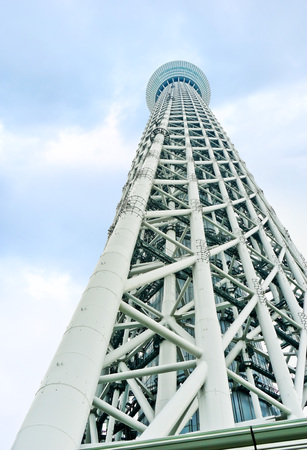 Tokyo, Japan - July 17, 2016: View from the bottom of the Tokyo Skytree in a cloudy day in Tokyo on...