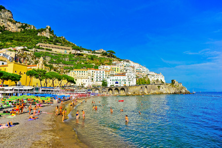 View of Amalfi village on a sunny day along the Amalfi Coast in Italy.の写真素材