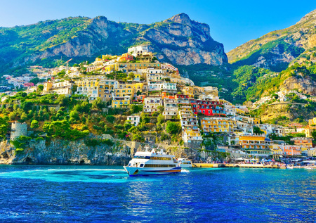 View of Positano village on a sunny day along the Amalfi Coast in Italy.