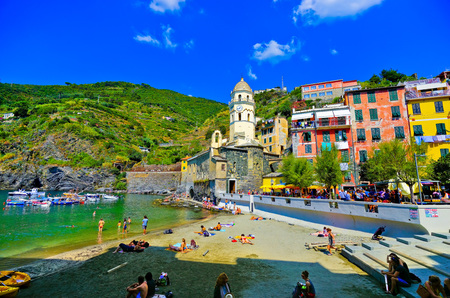 Vernazza, Italy - September 9, 2016: View of the seaside of Vernazza village in summer in the Cinque Terre area, Italy on September 9, 2016.のeditorial素材