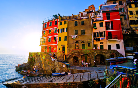 Riomaggiore, Italy - September 9, 2016: View of the seaside of Riomaggiore village at sunset in the Cinque Terre area, Italy on September 9, 2016.のeditorial素材