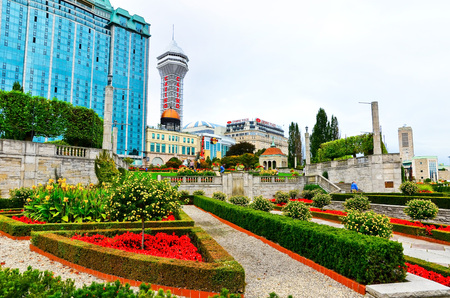 View of the luxurious hotels next to Niagara Falls on a cloudy day in autumn on October 13, 2013 in Canada.のeditorial素材