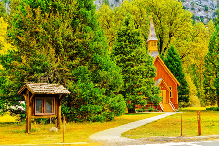 View of Yosemite Valley Chapel in Yosemite National Park in autumn.の写真素材