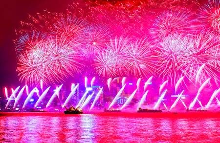 Firework display on the New Year's Eve at the Victoria Harbor in Hong Kong on January 1, 2017.のeditorial素材