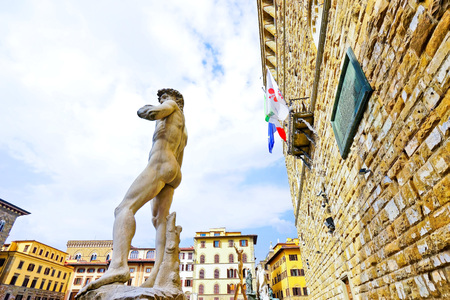 View of the distribution of Michelangelo's statue- David on the Piazza della Signoria and nxet to Palazzo Vecchio in Florence on September 10, 2016.のeditorial素材