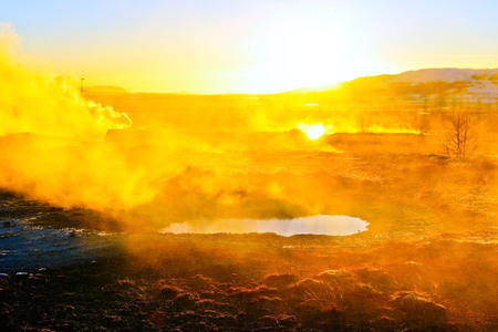 View of the geothermal area on the popular route of Golden Circle in southwest Iceland.の写真素材