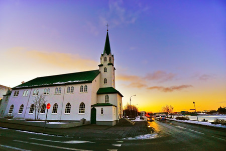 View of the a church in Reykjavik at dawn in winterの写真素材