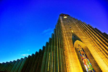 View of the Hallgrimskirkja Church in Reykjavik at dawn.の写真素材
