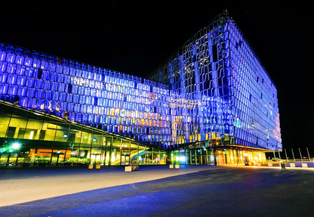 View of the Harpa Music Hall and Conference Center with beautiful light on at night in Reykjavik on January 27, 2017.のeditorial素材