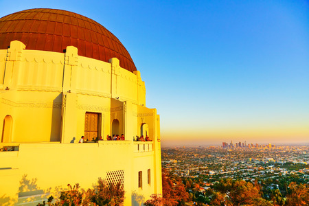 Los Angeles, USA - October 6, 2017 : View of Griffith Observatory and city center of Los Angeles at sunset on October 6, 2017.のeditorial素材