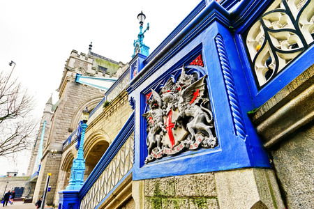 London, UK- February 6, 2017: View of beautiful sculpture at the bridge pier of Tower Bridge in London on February 6, 2017.のeditorial素材