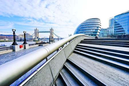 London, UK- February 6, 2017: View of City Hall and Tower Bridge on the square next to River Thames in London on February 6, 2017.のeditorial素材